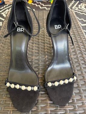bp Black Pearl-Embellished Suede Ankle-Strap Heels